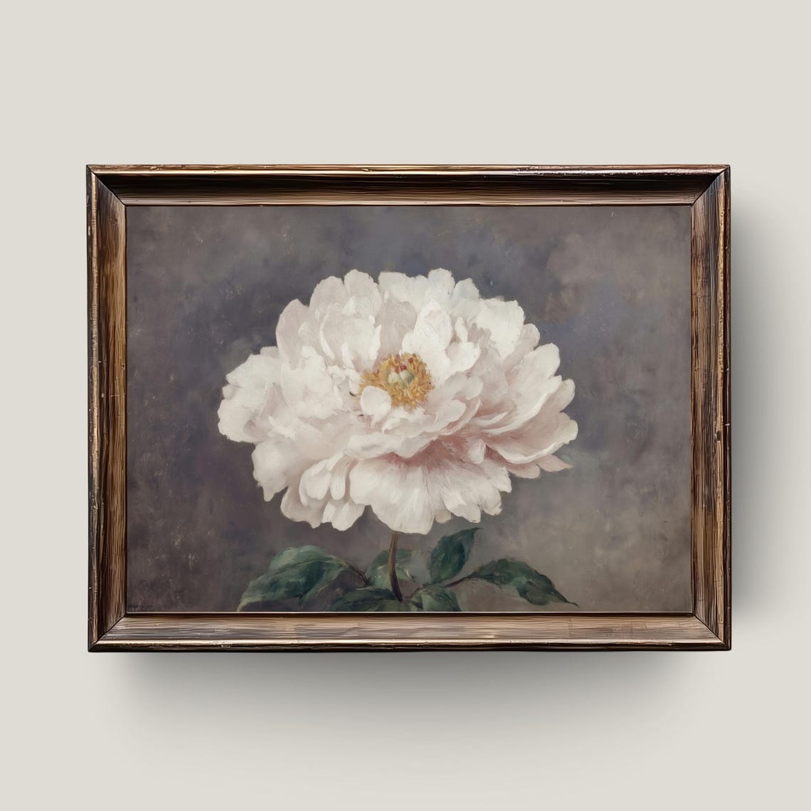 White Peony Bloom Vintage Botanical Oil Painting Dark Floral Print