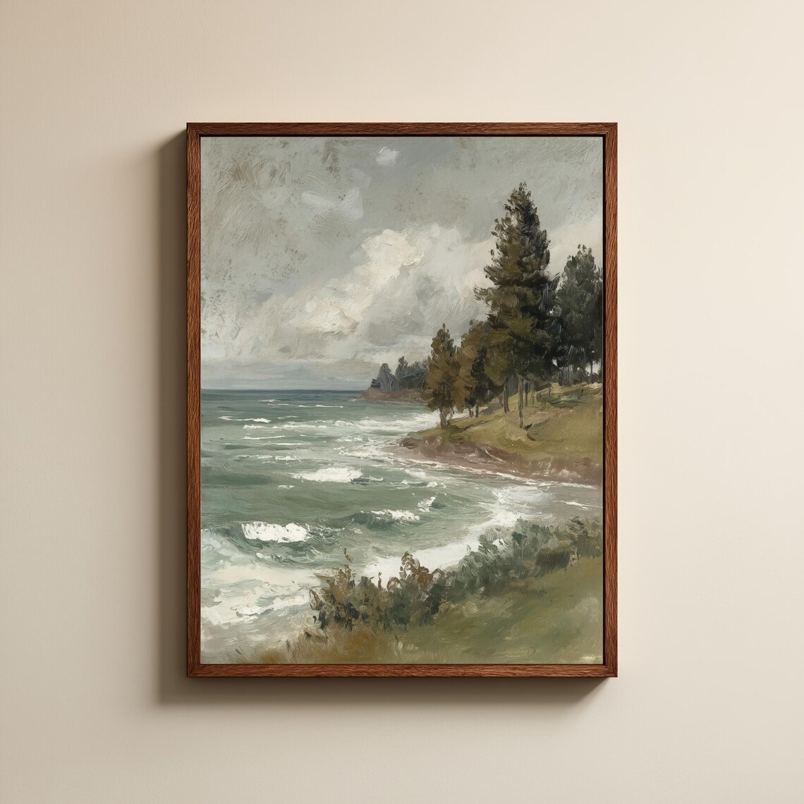 Windy Coastal Shore Rocky Waves Moody Seascape Painting Poster