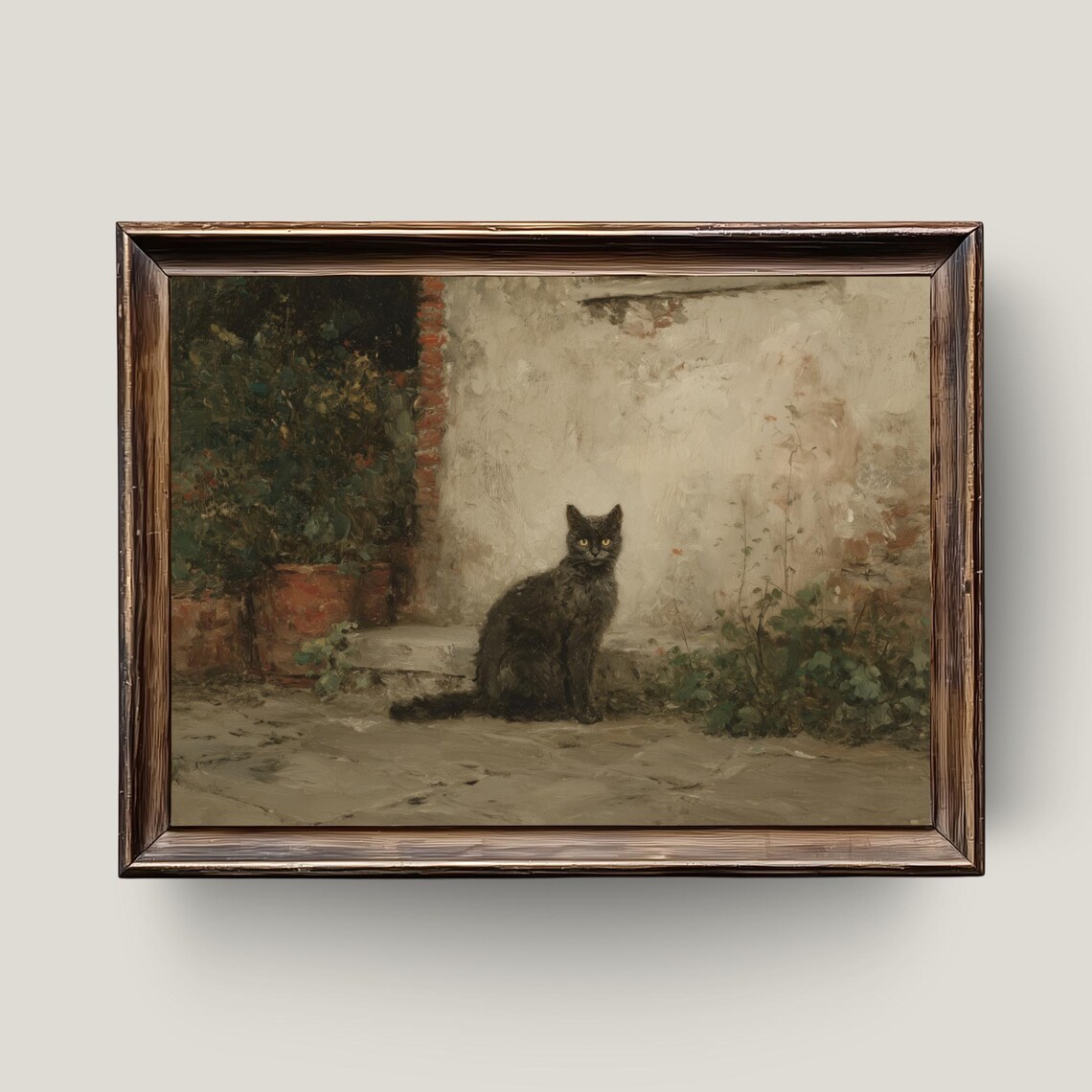 Black Cat Sitting In Courtyard Vintage Rustic Oil Painting Wall Art