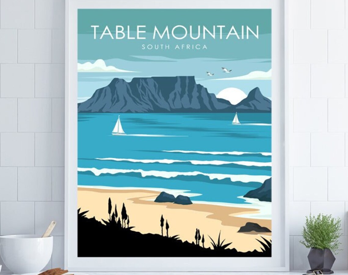 Table Mountain South Africa Cape Town Beach Sailboats Travel Poster