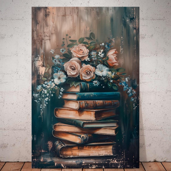 Vintage Floral Book Stack Print Library Wall Art Bookish Art Gift Vintage Book Living Room Decor Extra Large Art Old Books Art