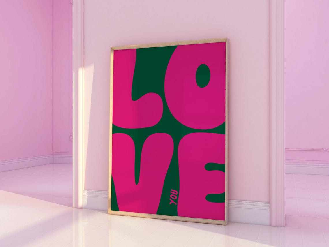 Love You Giant Pink Retro Typography Poster on Deep Green Background - Image 2