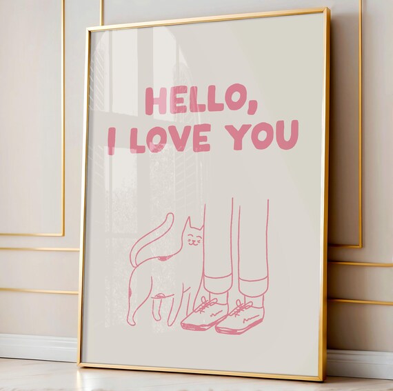 Hello I Love You Pink Cat Line Drawing Funny Cat Lover Poster