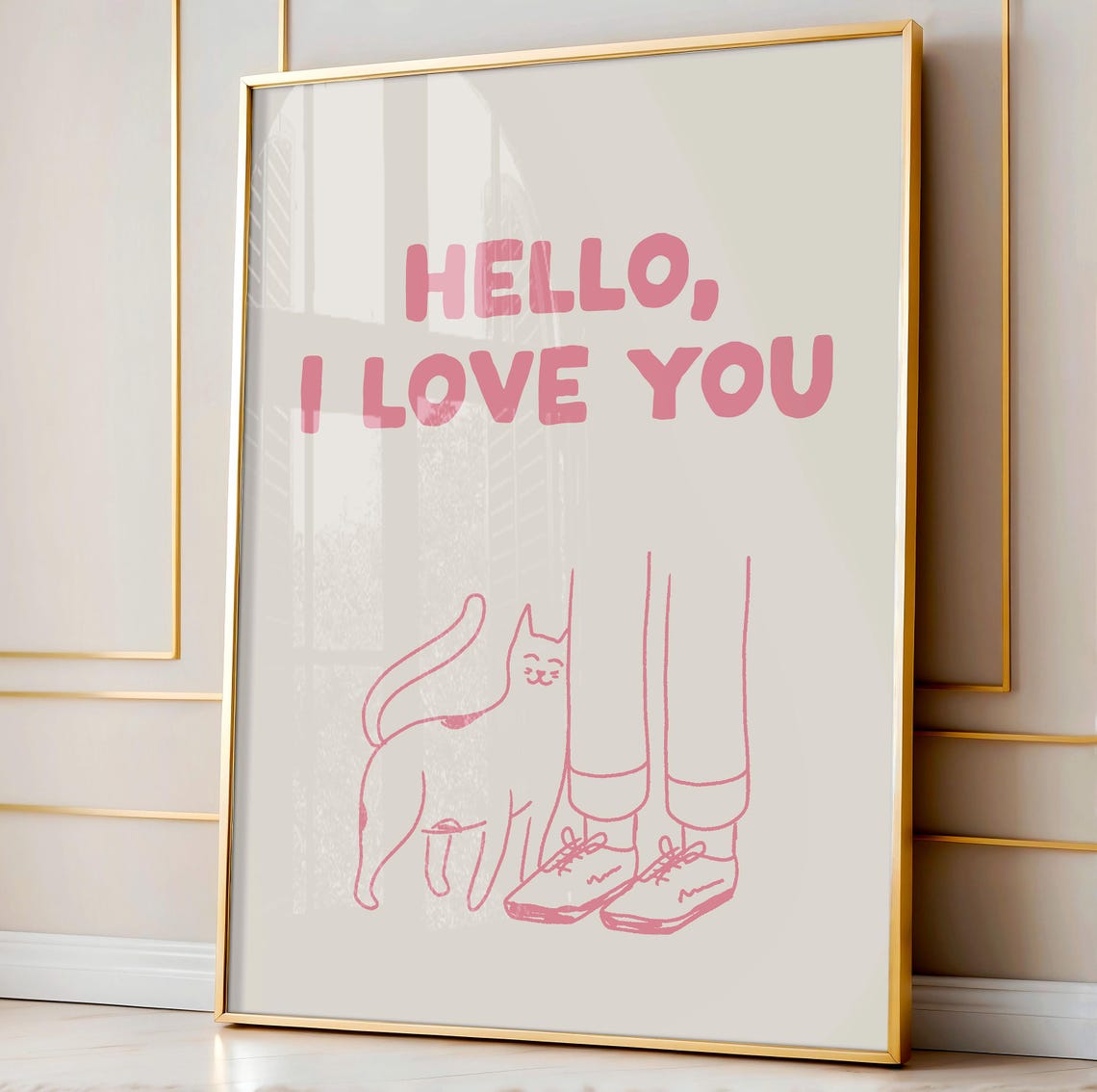 Hello I Love You Pink Cat Line Drawing Funny Cat Lover Poster