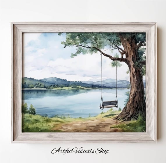An Empty Swing By The Lake Wall Art Watercolor Tree Landscape Instant Home Decor