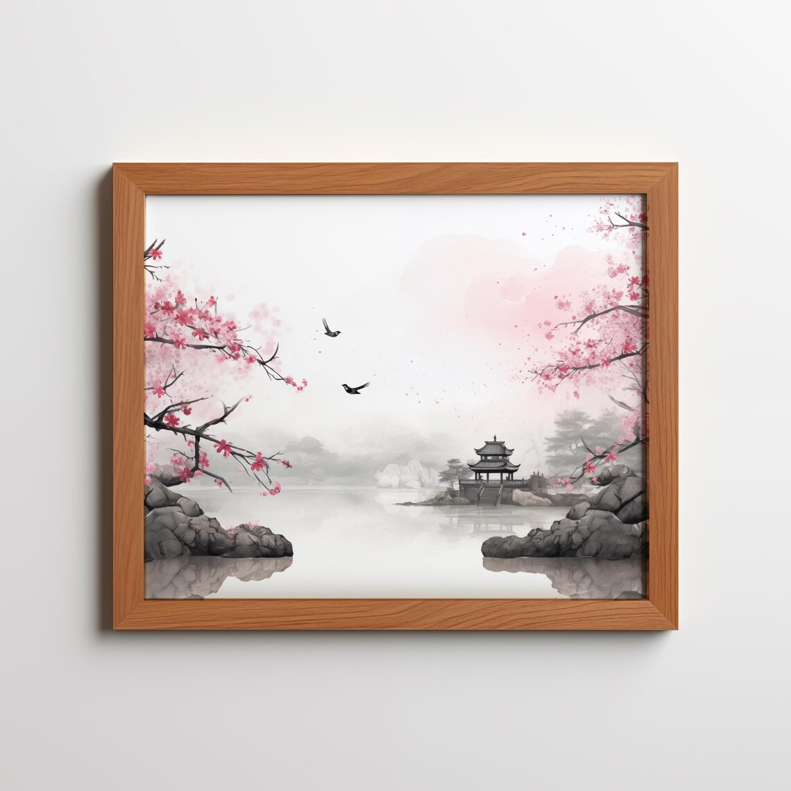 Japanese Cherry Blossom Pagoda Misty Lake Ink Wash Art Poster