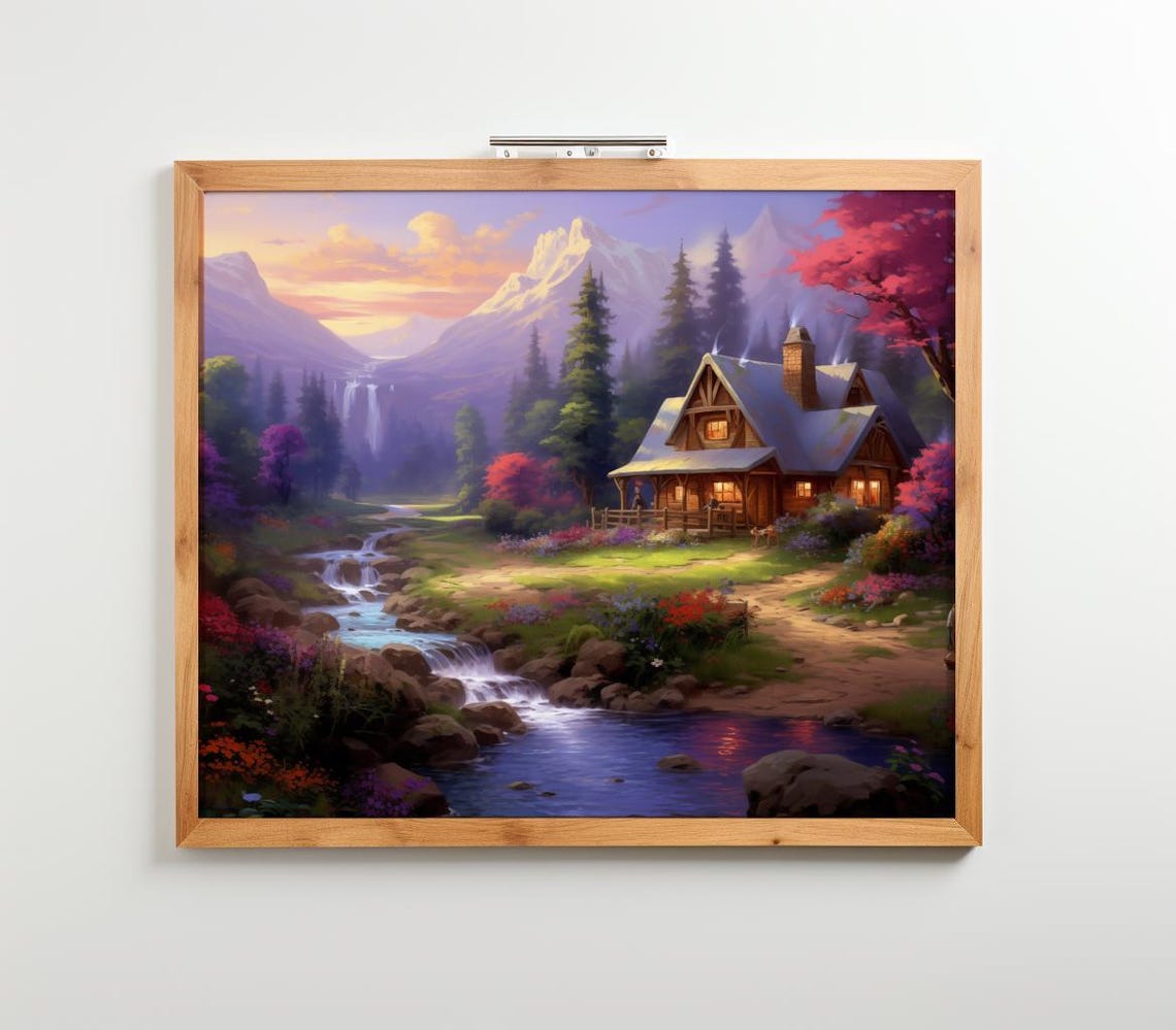 Mountain Cabin Cottage Waterfall Sunset Scenic Landscape Poster