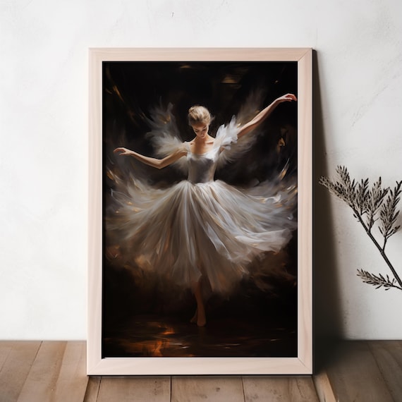 Elegant Ballerina in White Tutu Oil Painting Dance Poster Art