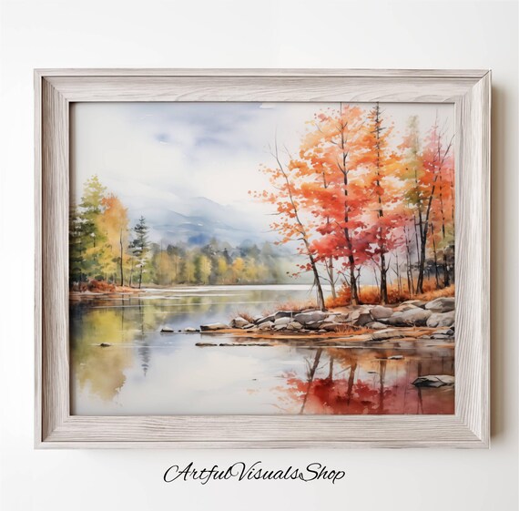 Autumn Lake Watercolor Red Fall Foliage Mountain Reflection Poster