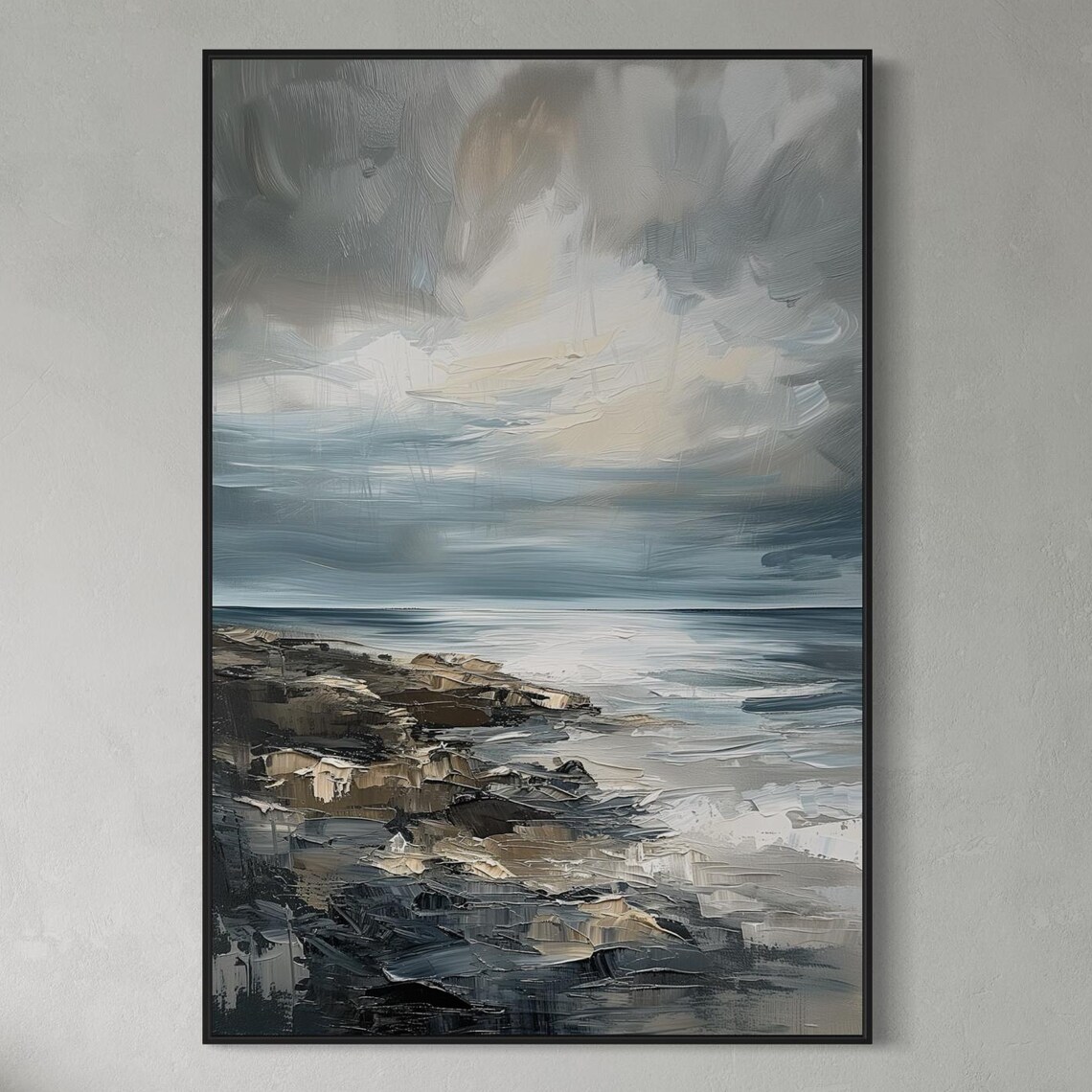 Stormy Grey Blue Abstract Seascape Rocky Shore Moody Ocean Art Poster - Image 5