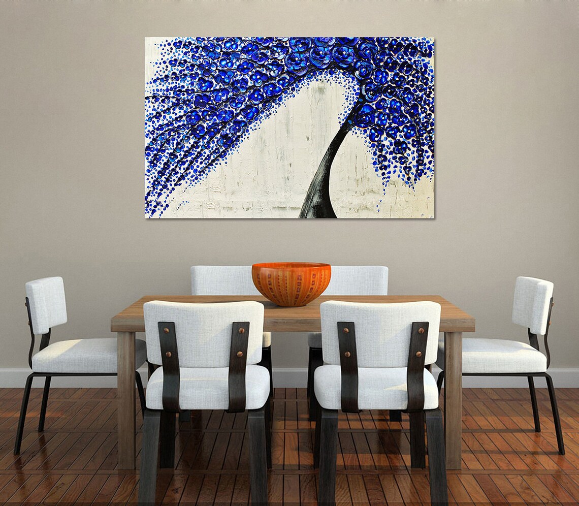 Enchanting Blue Flower Tree Palette Knife Jewel Tone Floral Poster - Image 4