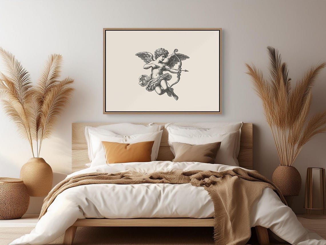 Vintage Cupid With Bow Antique Engraving Romantic Valentine Wall Art - Image 3