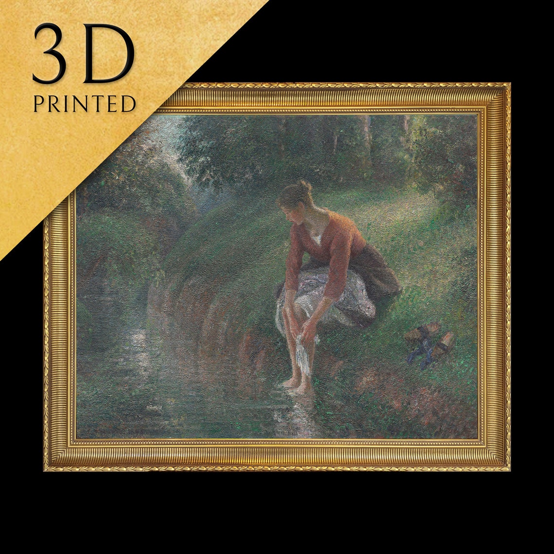 Camille Pissarro Woman Bathing Feet in Brook Stream Textured Print