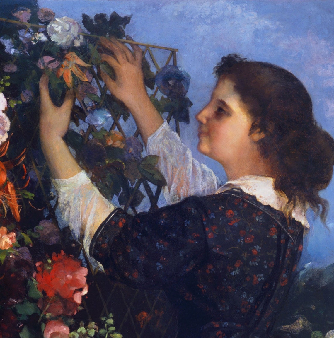 Gustave Courbet Trellis Woman Gathering Flowers Floral Textured Print - Image 2