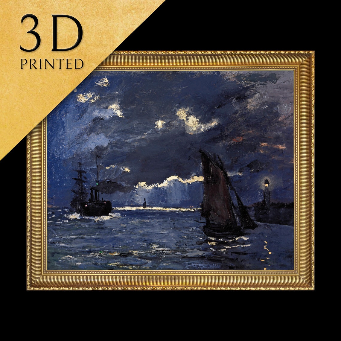 Moonlit Night Seascape Sailboat Lighthouse Vintage Ocean Art Print