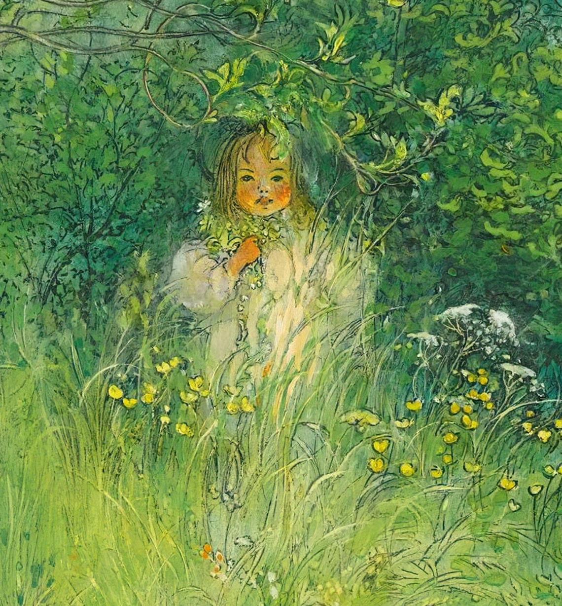 Small Child Standing in a Tall Sunlit Wildflower Meadow Art Poster - Image 2