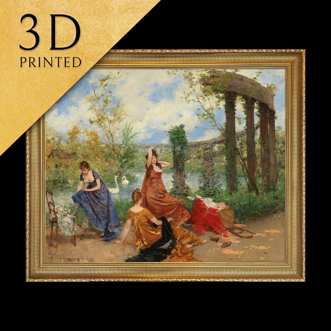 Francesc Miralles Women by the Lake Swans Garden Scene Textured Print