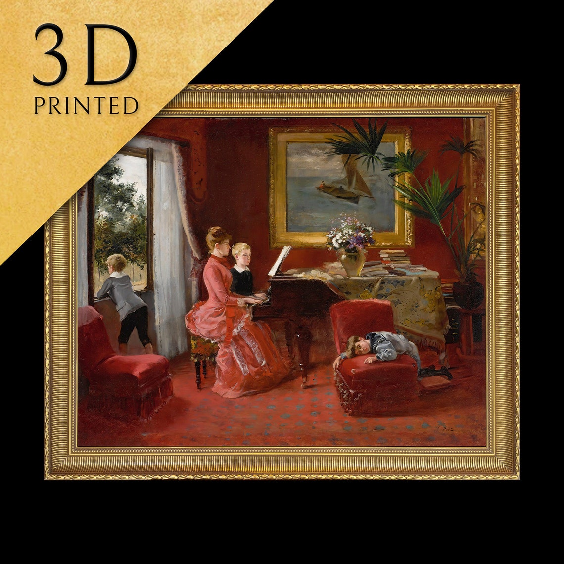 Duez The Duet Mother Child Piano Red Interior Victorian Poster