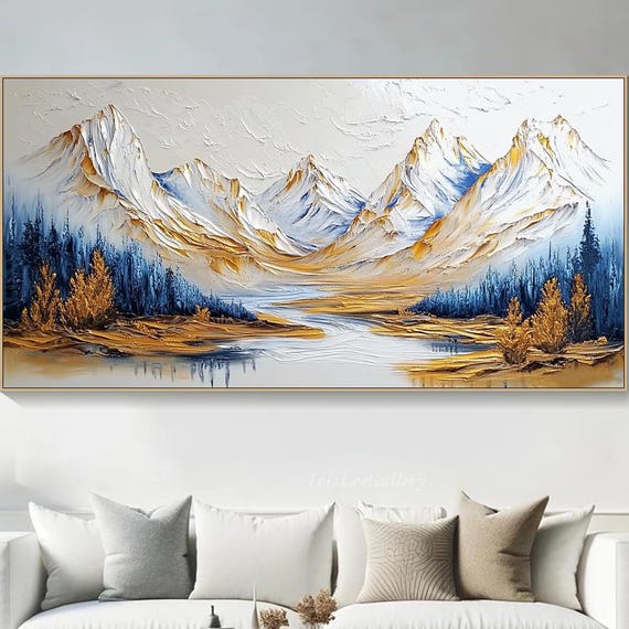 3d Textured Mountain Landscape Painting Gold And Blue Nature Impasto Snowy Peaks Artwork Handmade Painting Modern Wilderness Decor