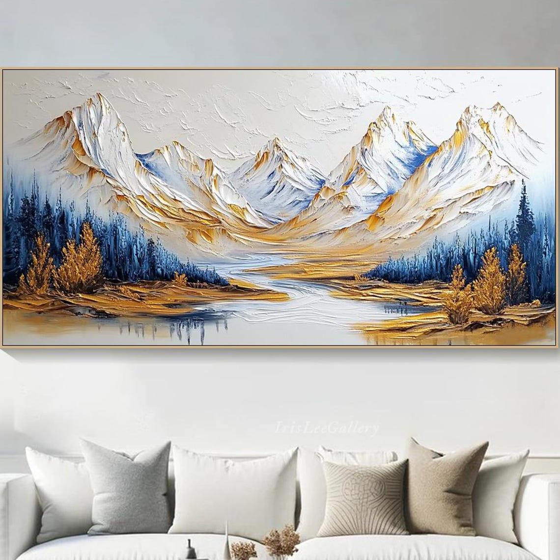 3d Textured Mountain Landscape Painting Gold And Blue Nature Impasto Snowy Peaks Artwork Handmade Painting Modern Wilderness Decor