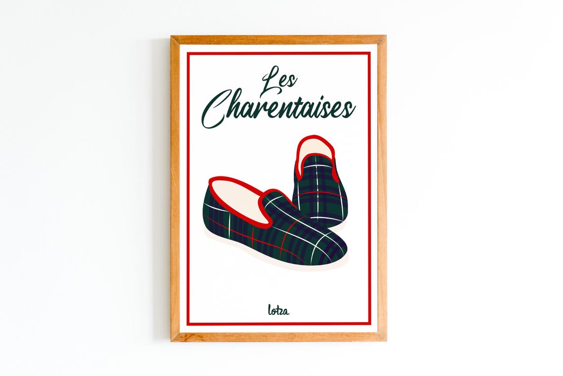 Les Charentaises Plaid Slippers French Cozy Illustration Poster