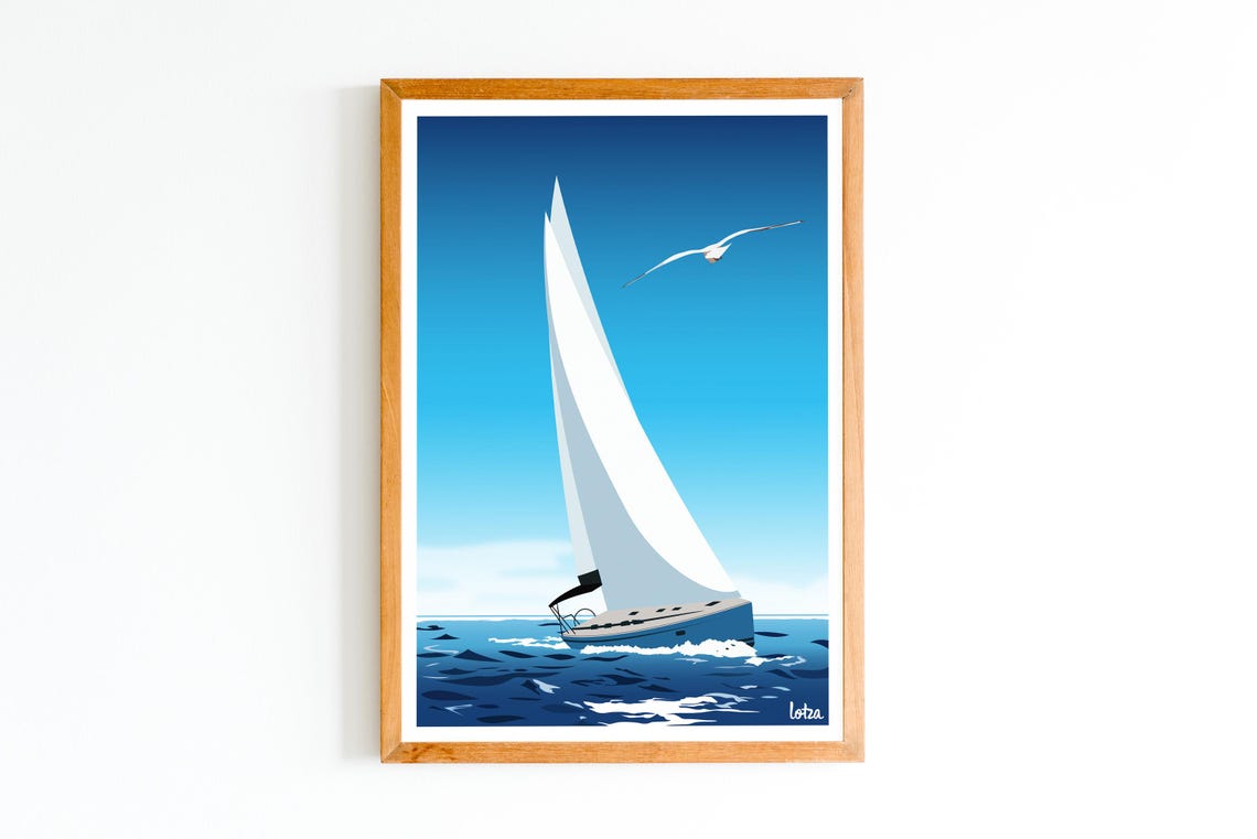 White Sailboat Deep Blue Sea Seagull Minimalist Nautical Poster