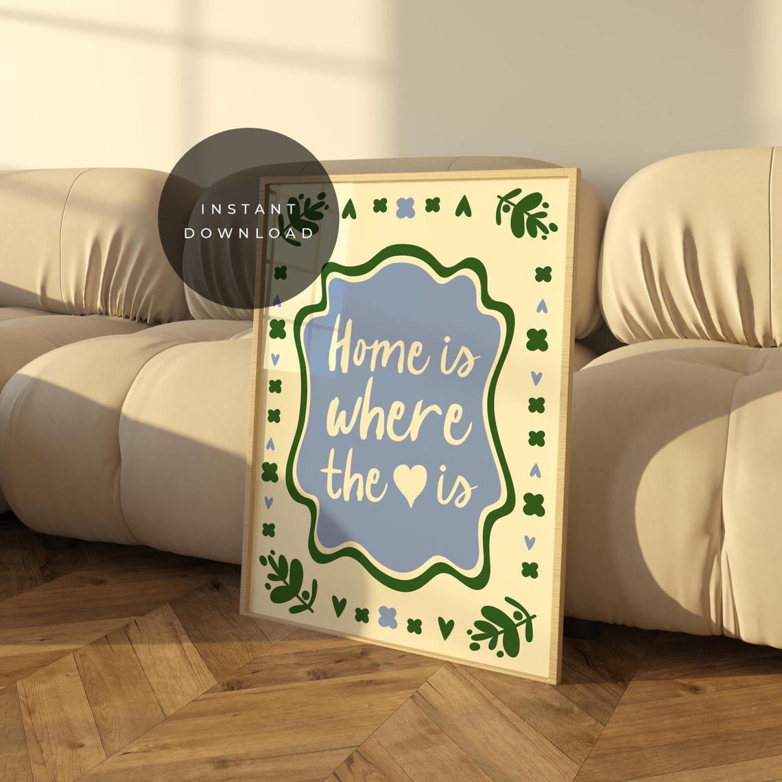 Home Is Where The Heart Is Blue Hand Drawn Quote Folk Wall Art