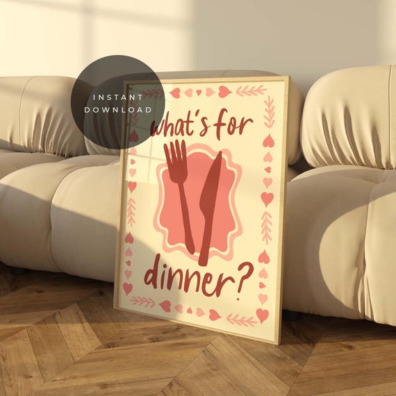 Whats For Dinner Wall Art Print Funny Kitchen Decor Typography Poster Minimalist Foodie Gift Mid Century Modern