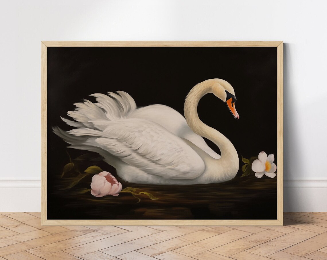 White Swan on Dark Water Elegant Moody Floral Oil Painting Poster