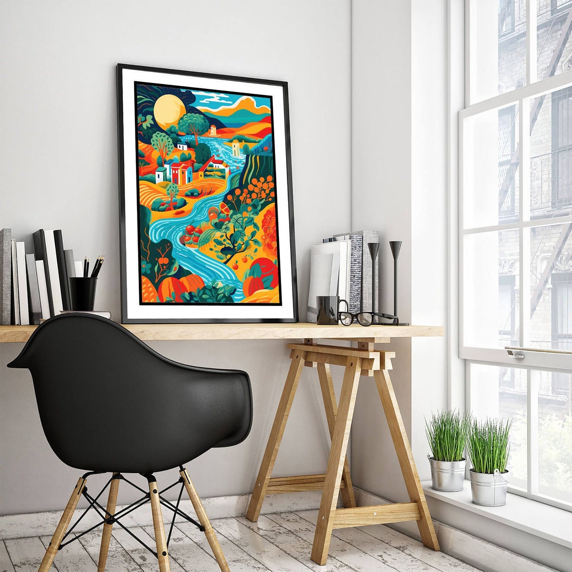 Colorful Italy Countryside Village River Sun Folk Landscape Poster - Image 3