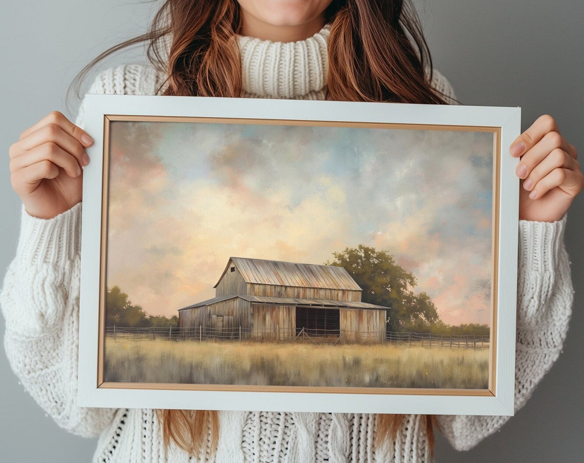 Weathered Wood Barn At Sunset Rustic Farm Landscape Art Poster - Image 3