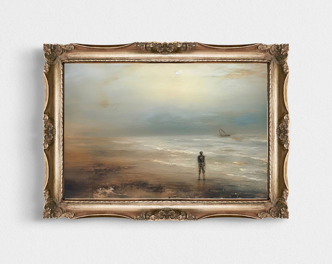 Spooky Misty Beach with Lone Skeleton Figure Sailboat Poster