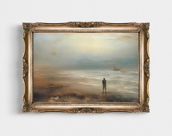 Spooky Misty Beach with Lone Skeleton Figure Sailboat Poster