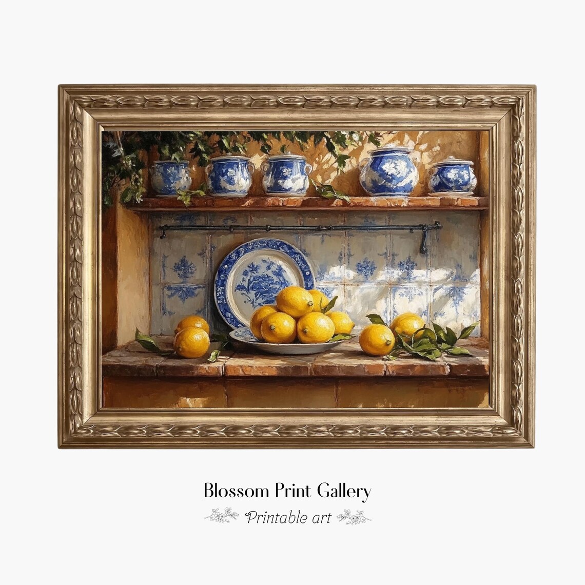 Mediterranean Kitchen Still Life Lemons Blue White Pottery Sunny Poster