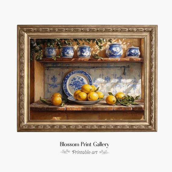 Mediterranean Kitchen Still Life Lemons Blue White Pottery Sunny Poster