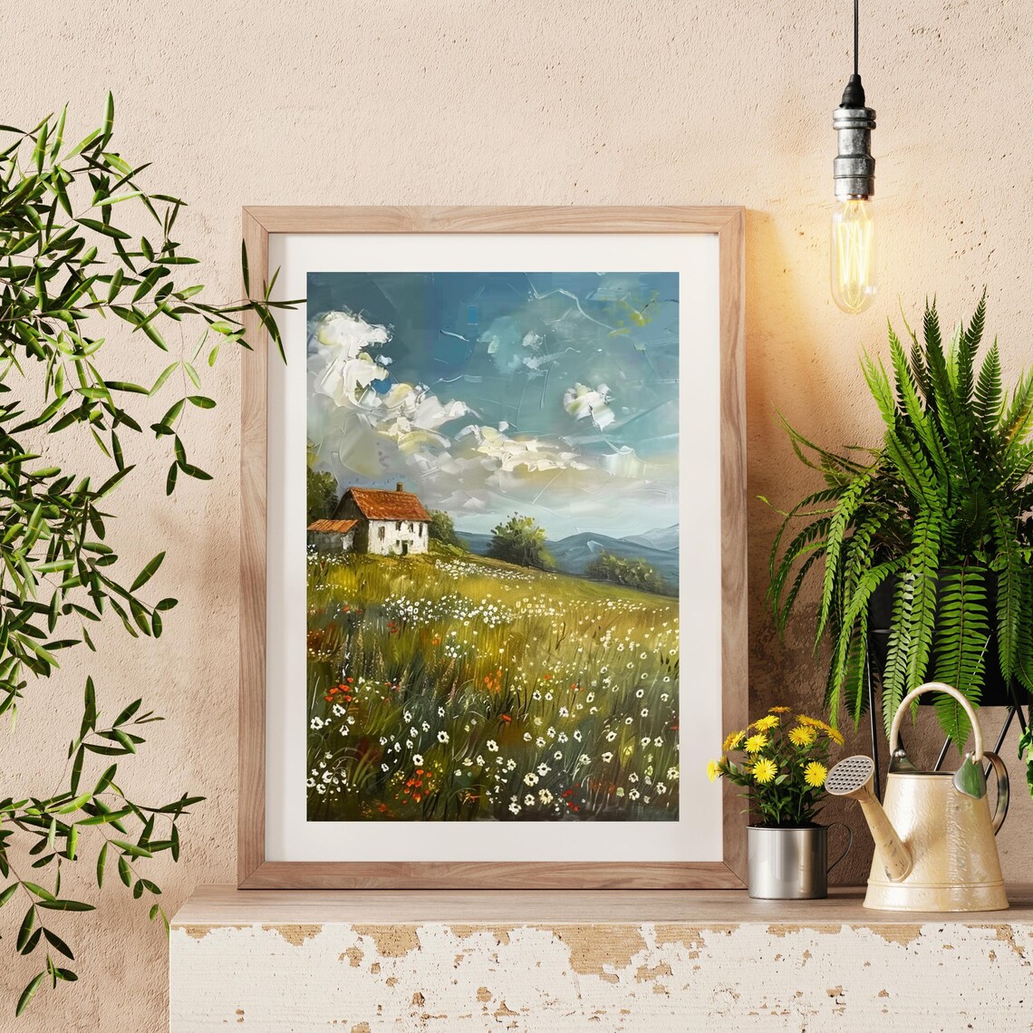 Wildflower Meadow With White Farmhouse Impasto Clouds Rustic Art Poster - Image 4