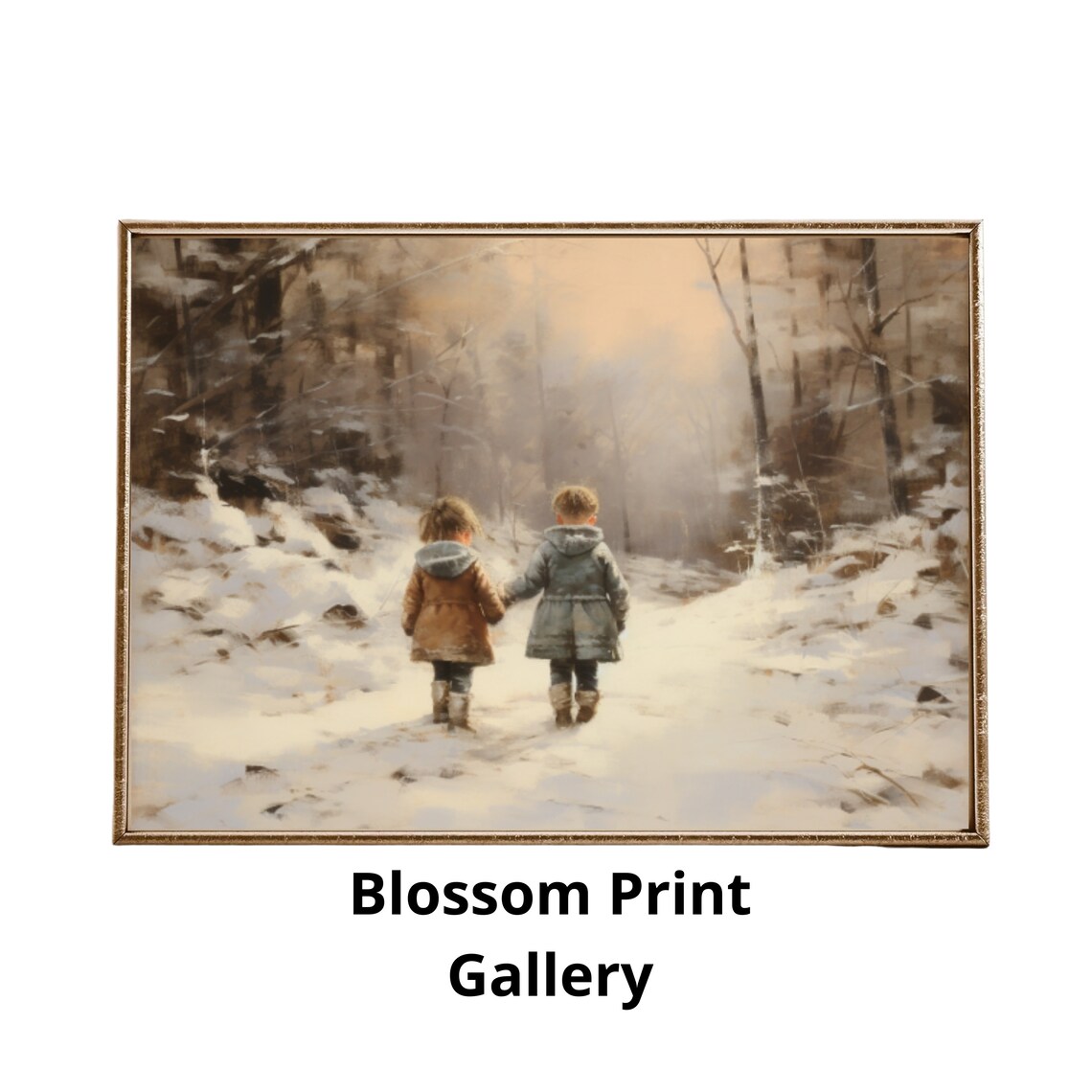 Two Children Snowy Forest Golden Hour Winter Painting Poster