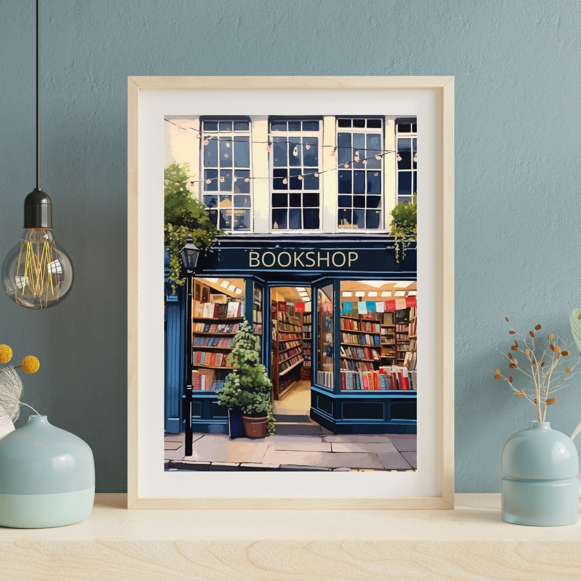 Charming Blue Bookshop Storefront Illustration Book Lover Poster - Image 4