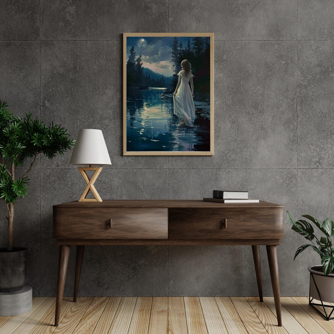 Moonlit Woman Wading Lake Midnight Water Landscape Art Poster - Image 4