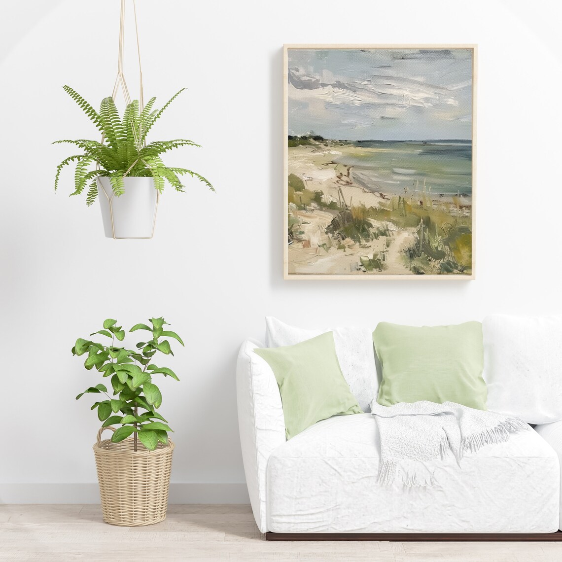Serene Muted Coastal Dunes Seascape Calm Ocean Oil Painting Poster - Image 5