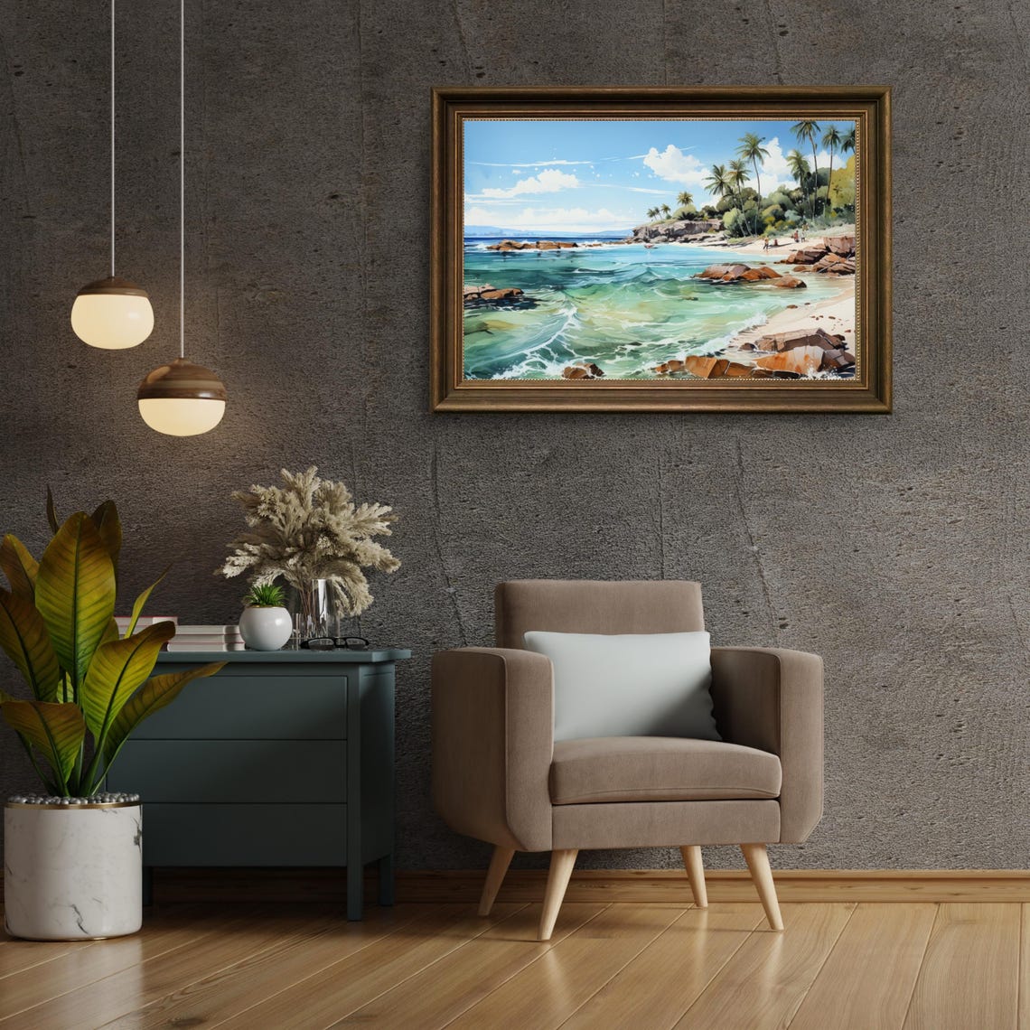Tropical Beach With Palm Trees Turquoise Waves Painting Poster - Image 5