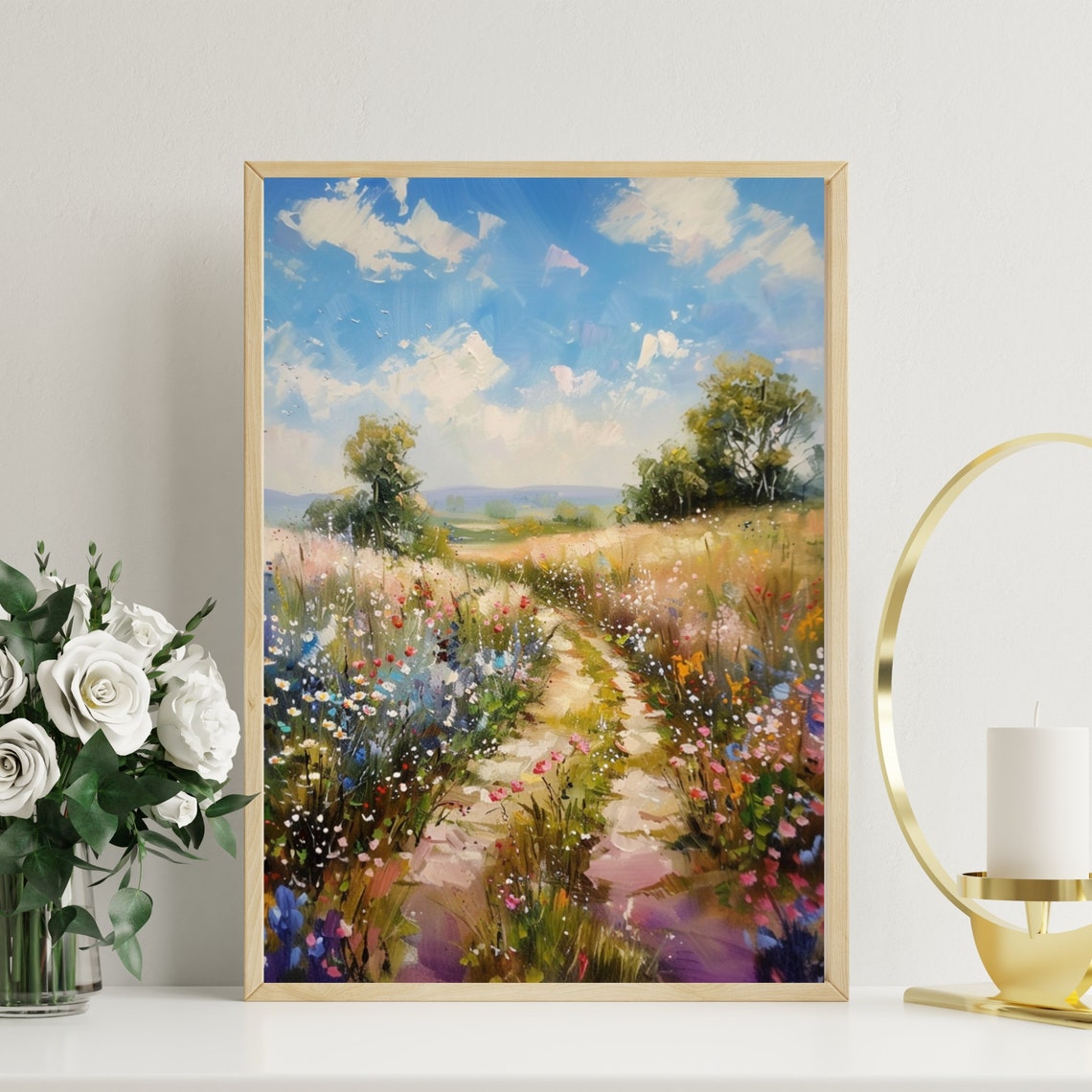 Wildflower Meadow Path Under Bright Blue Summer Sky Art Poster - Image 3