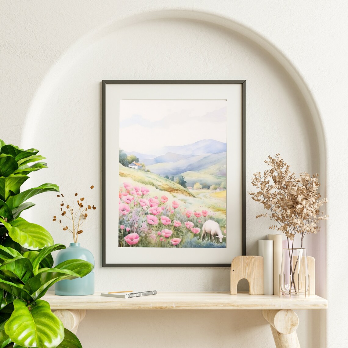 Pink Poppy Field with Grazing Sheep Watercolor Mountain Landscape Poster - Image 6