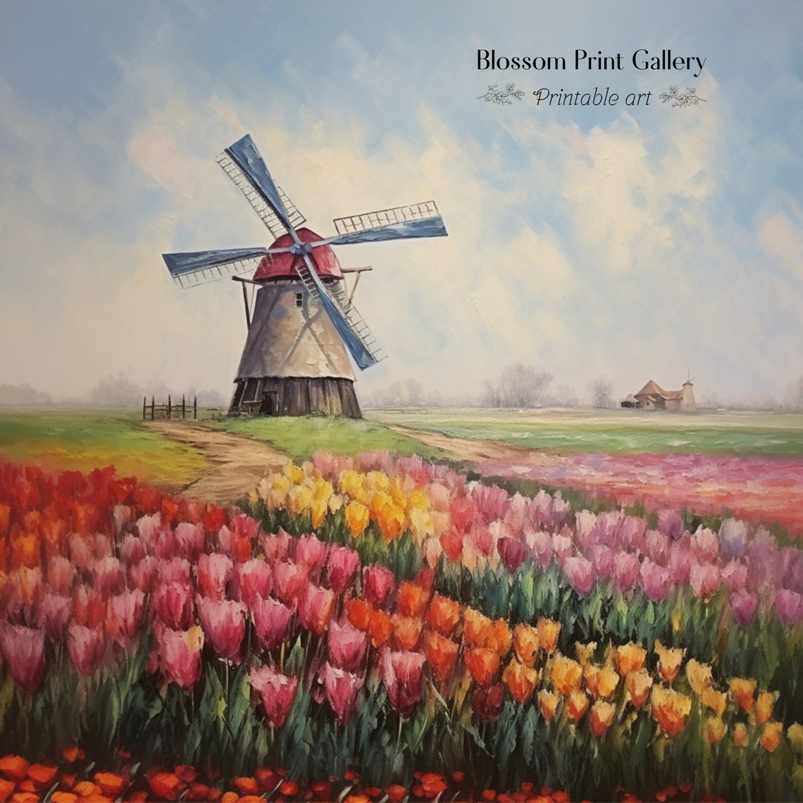 Dutch Windmill among Colorful Tulip Fields Spring Painting Poster - Image 2