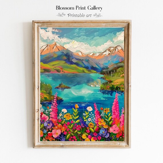 Colorful Mountain Lake with Wildflowers Vibrant Landscape Poster