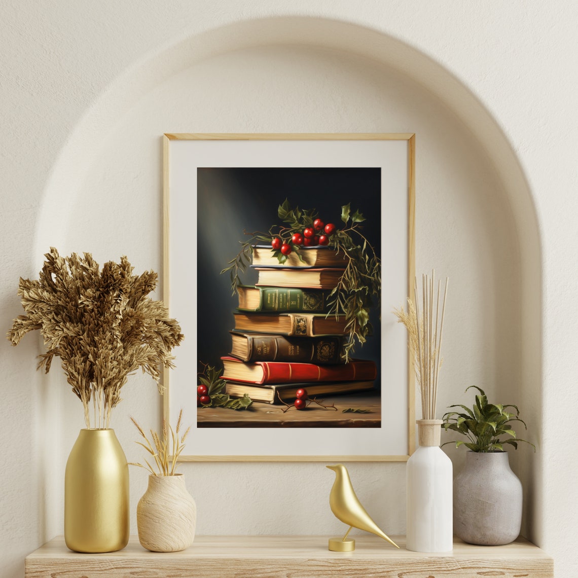 Stack Christmas Books Holly Berries Festive Library Art Poster - Image 6