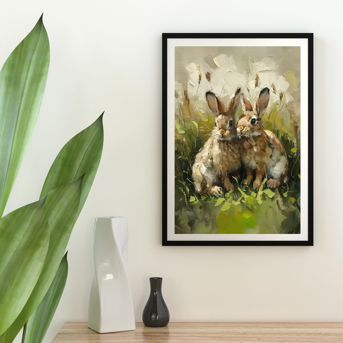 Two Wild Rabbits In Summer Meadow Vintage Oil Painting Poster - Image 5