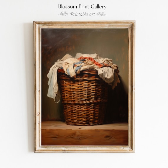 Vintage Laundry Basket Art Print, Rustic Farmhouse Decor