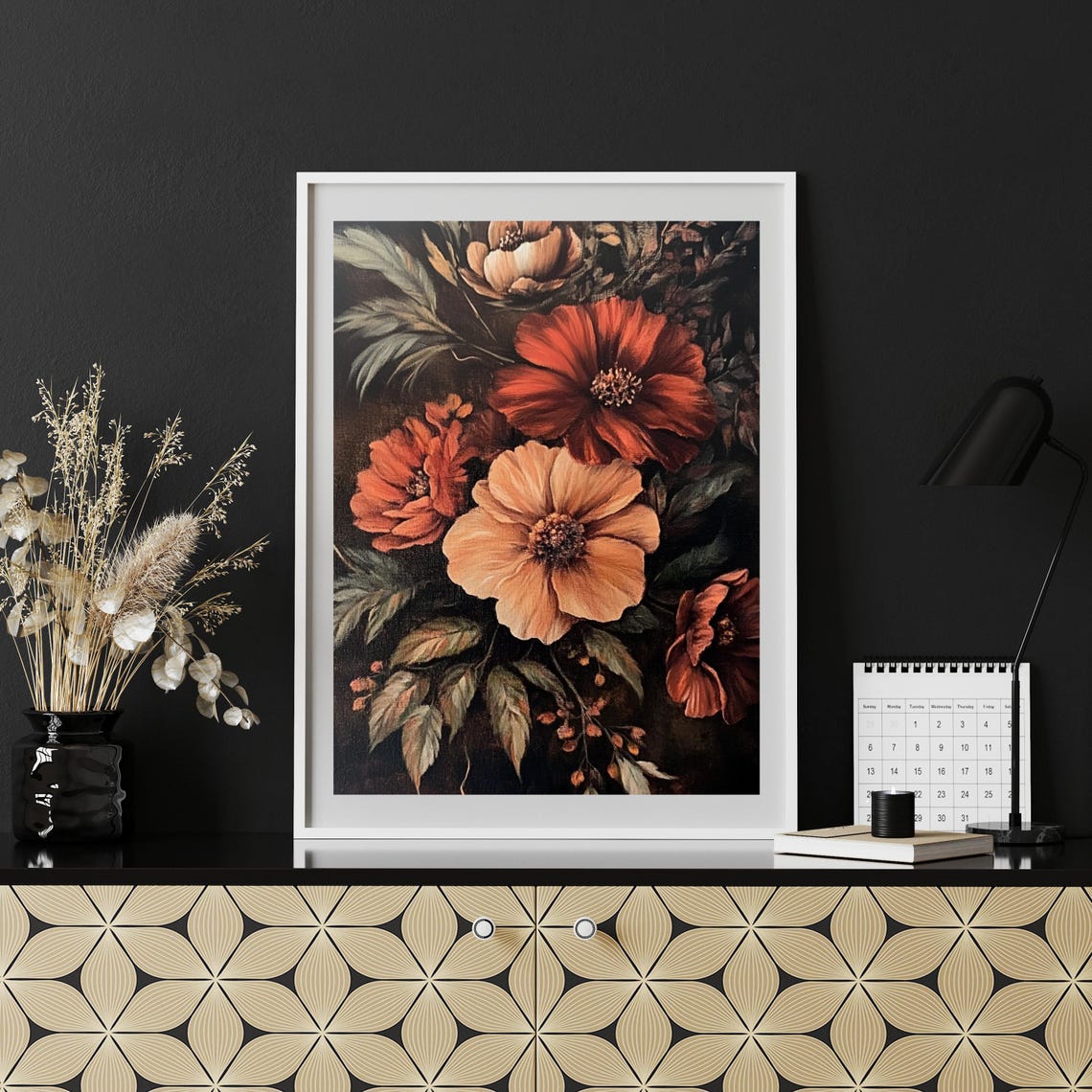Moody Dark Floral Painting with Burnt Orange Blooms Vintage Art Poster - Image 6
