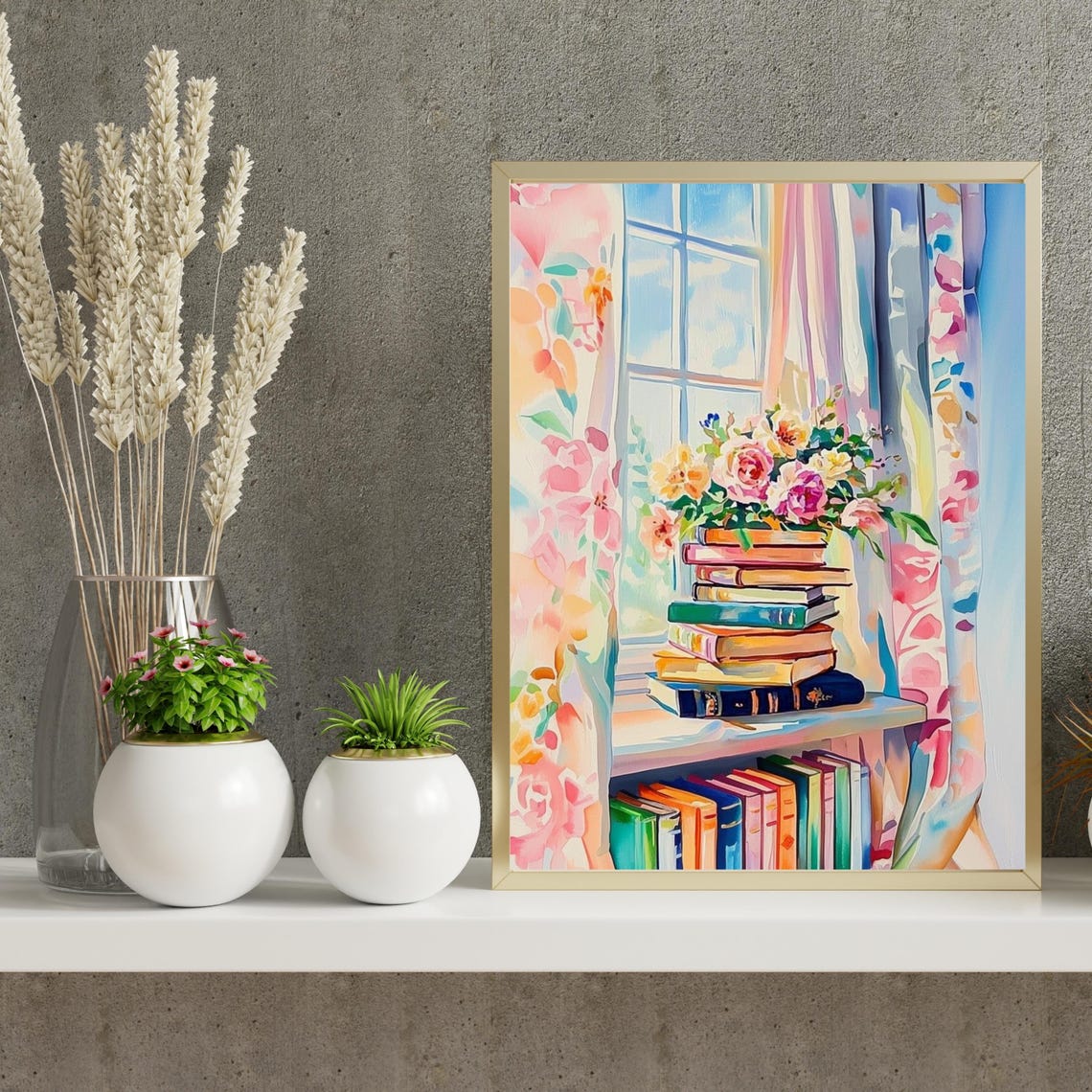 Stack Of Books By Sunny Window Watercolor Book Lover Painting Poster - Image 6